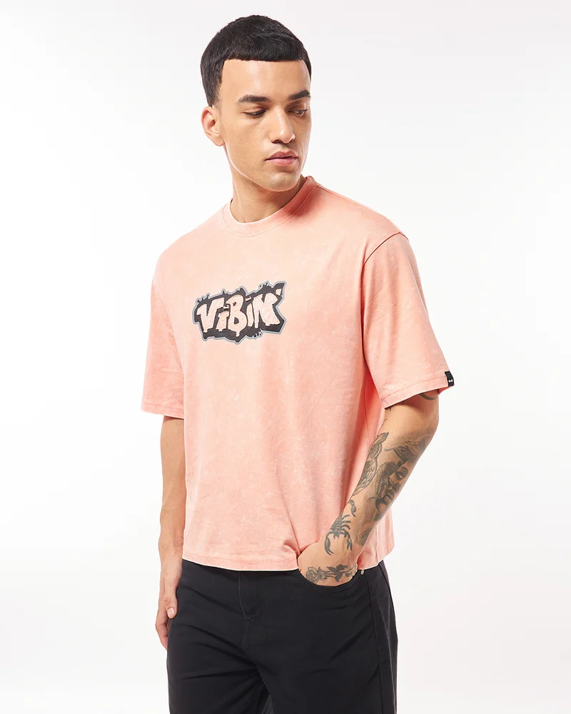 bewakoof Men's Peach Vibin Graphic Printed Oversized Acid Wash  T-shirt